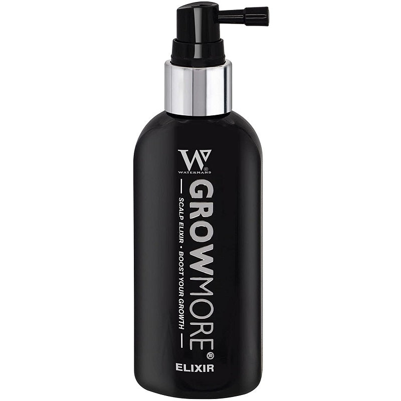 Watermans Grow More scalp elixir bottle with black spray pump, 100ml