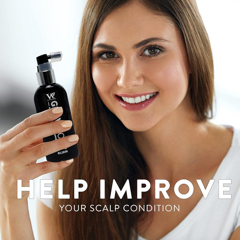 Watermans Grow More scalp elixir pump bottle held by a smiling woman