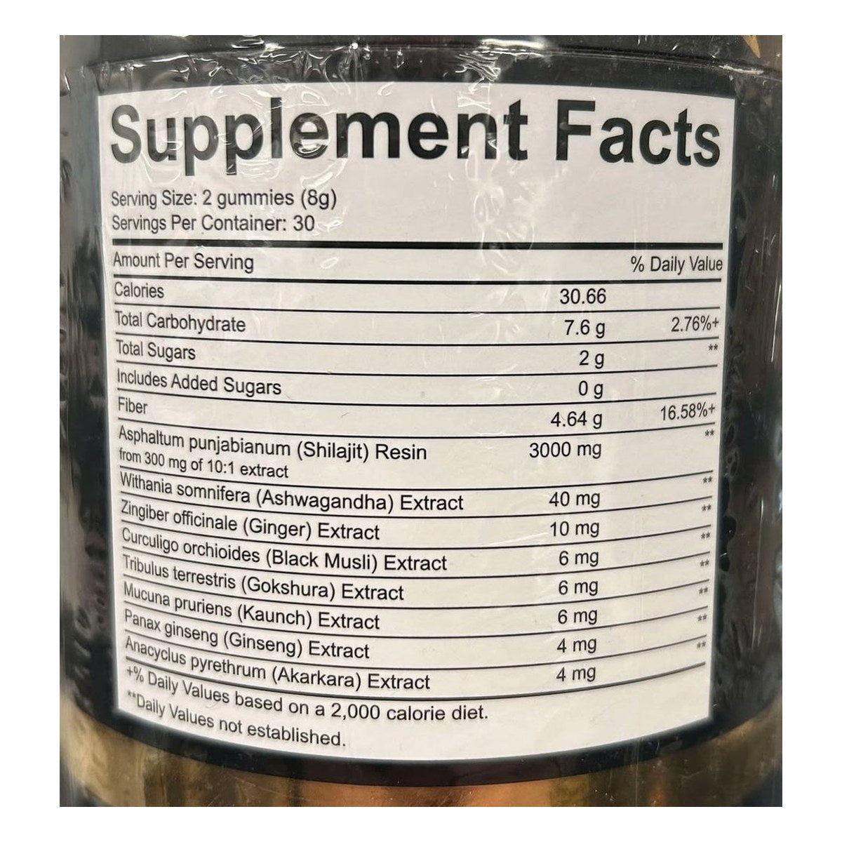 Supplement Facts panel on shilajit and ashwagandha gummies package, 2 gummies per serving
