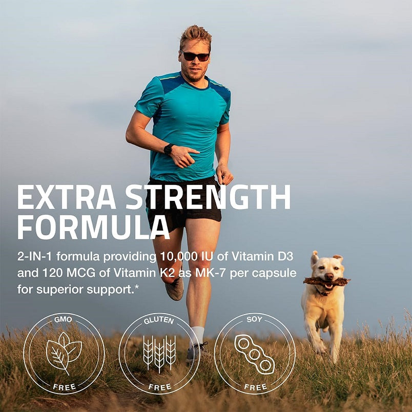 Vitamin K2 + D3 supplement bottle with extra strength formula label, 120 capsules
