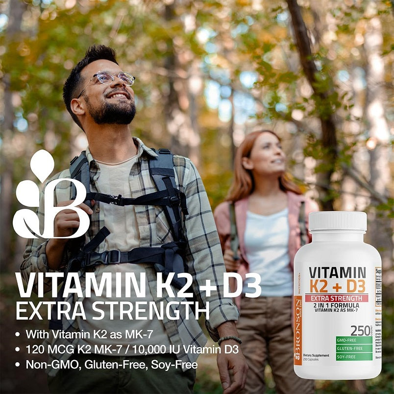 Vitamin K2 + D3 extra strength supplement bottle, white, 250 capsules label