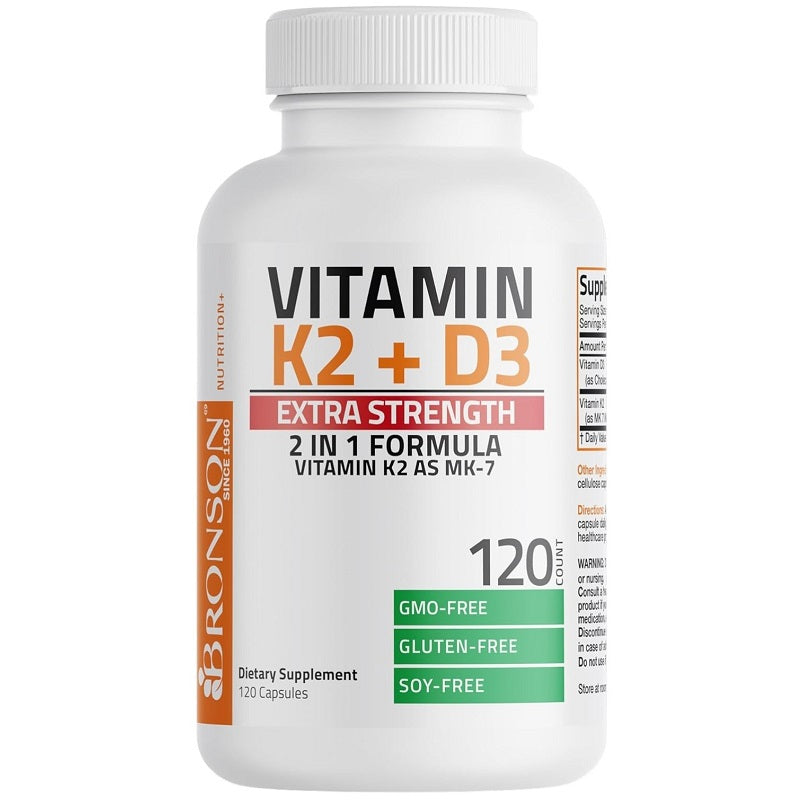 Vitamin K2 + D3 supplement bottle, white, extra strength label, 120 capsules