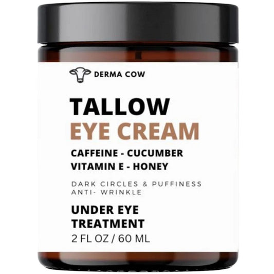 Derma Cow tallow under-eye treatment cream jar, 60 ml, amber with black lid.