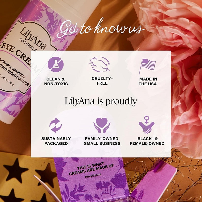 LilyAna Eye Cream anti-aging moisturizer tube and box with purple accents
