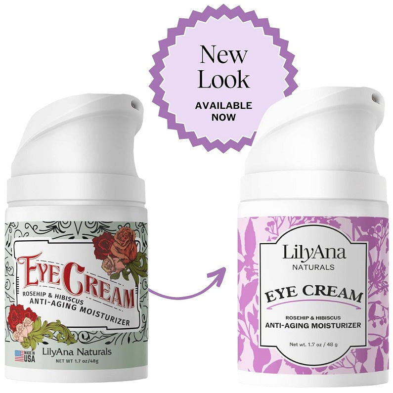 Two LilyAna eye cream bottles with white and purple labels, side-by-side