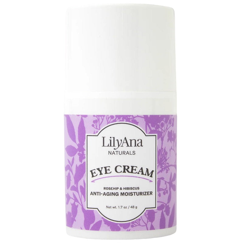 LilyAna Naturals eye cream jar bottle with white top and purple label