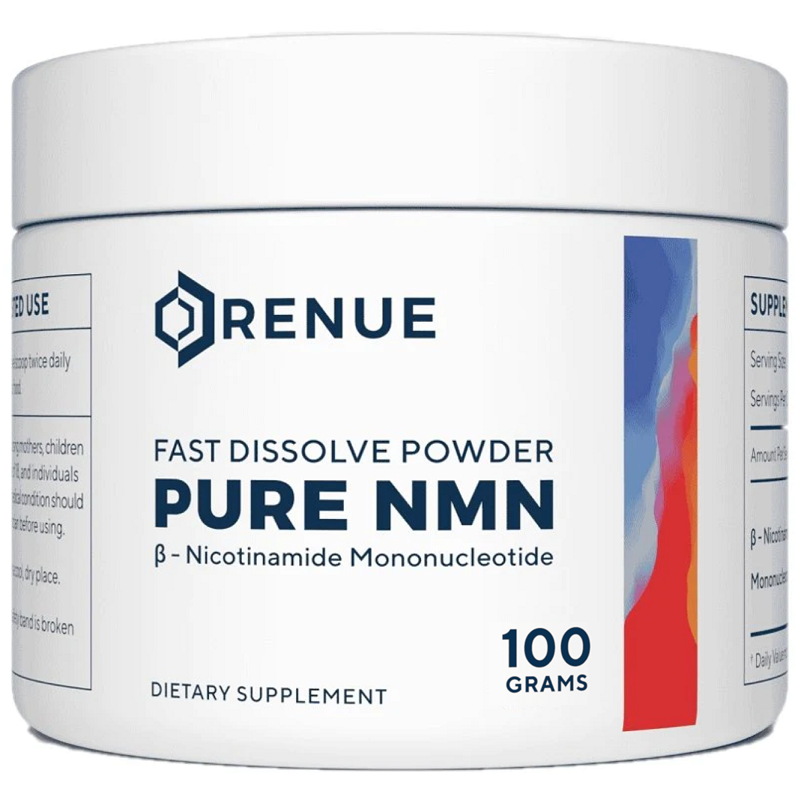 RENUE Pure NMN powder tub with white lid and blue 'PURE NMN 100 grams' label