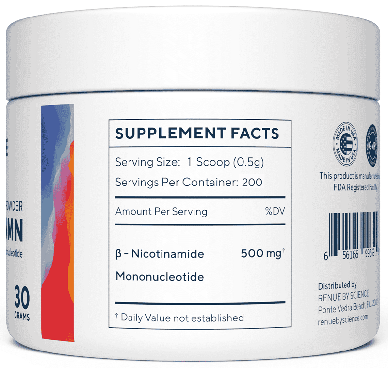 RENUE Pure NMN jar with 'Supplement Facts' panel and 500 mg beta-nicotinamide label