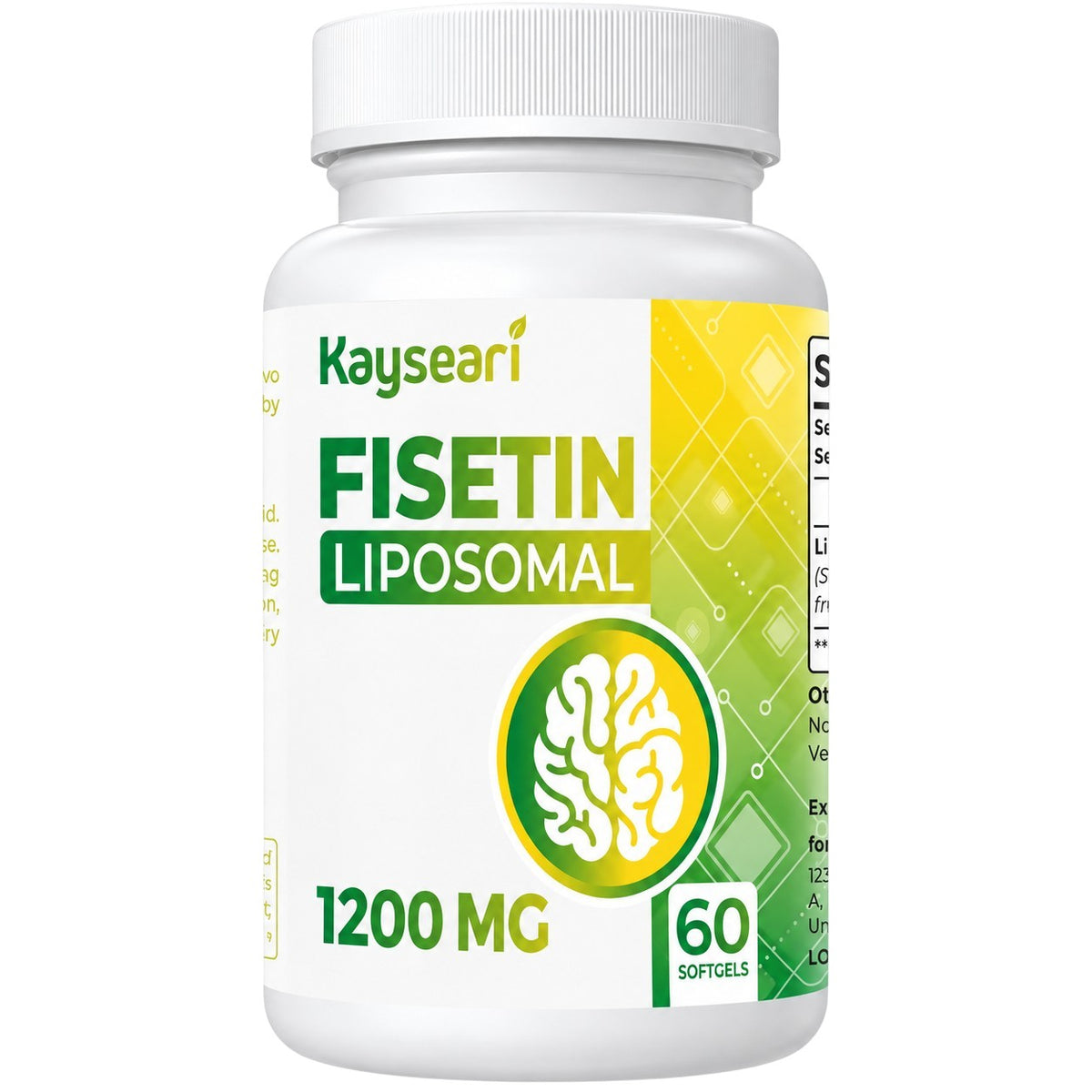Liposomal fisetin supplement bottle with 1200 mg label, white cap, 160 softgels