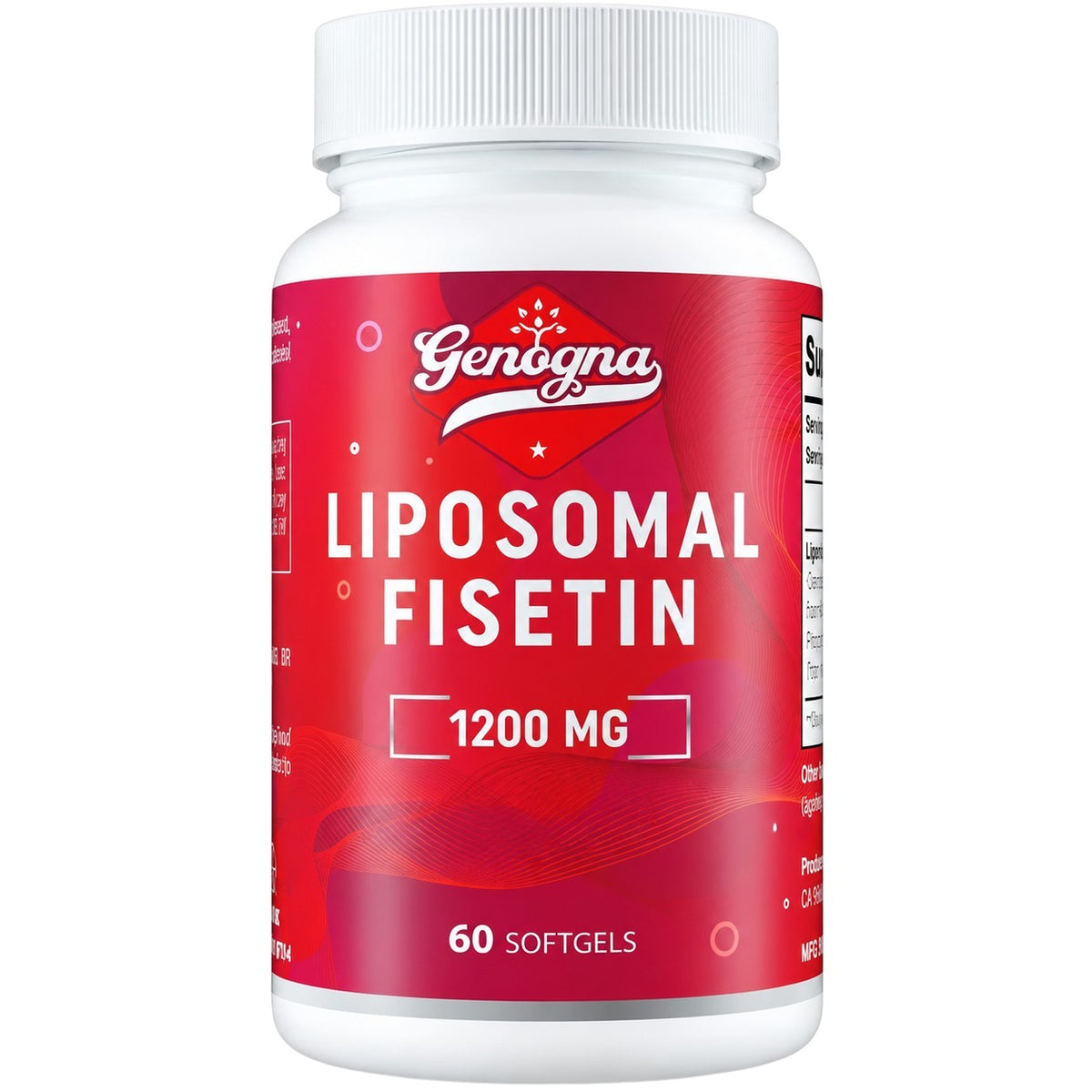 Genogna Liposomal Fisetin 1200 mg softgels bottle with red label