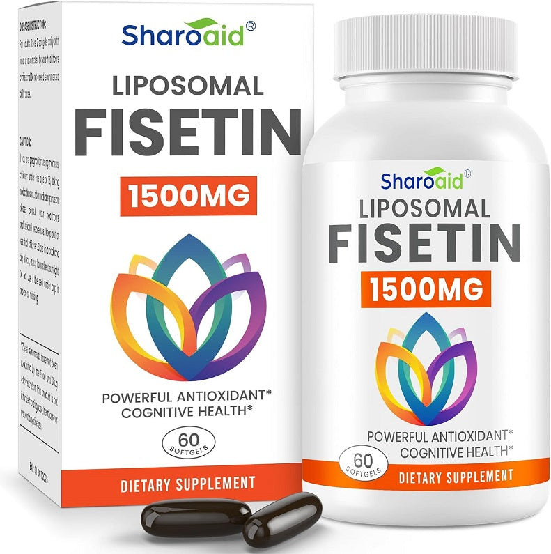 Liposomal Fisetin 1500mg supplement bottle and product box, 60 softgels
