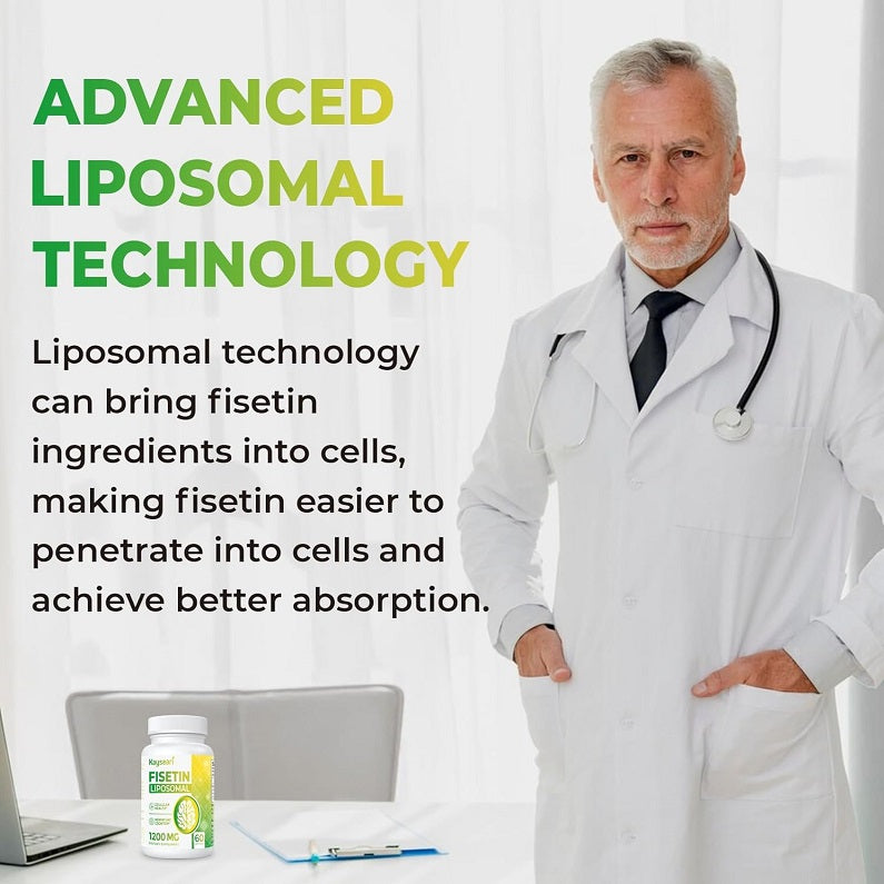 Liposomal Fisetin dietary supplement bottle with advanced liposomal technology label