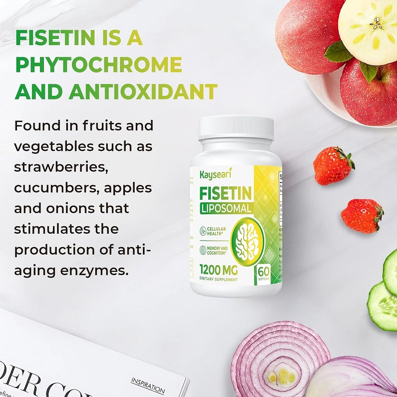 Liposomal Fisetin 1200 mg supplement bottle with antioxidant and phytochrome text