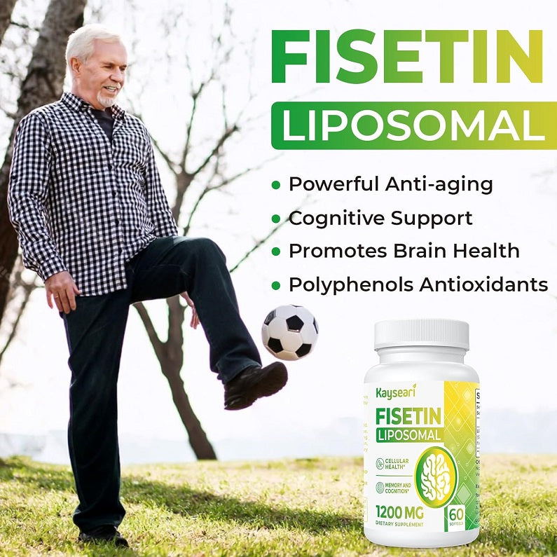 Fisetin liposomal supplement bottle with anti-aging and brain health label
