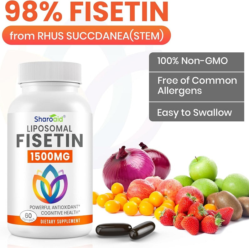 Liposomal Fisetin 1500mg bottle with 98% label and assorted fruits