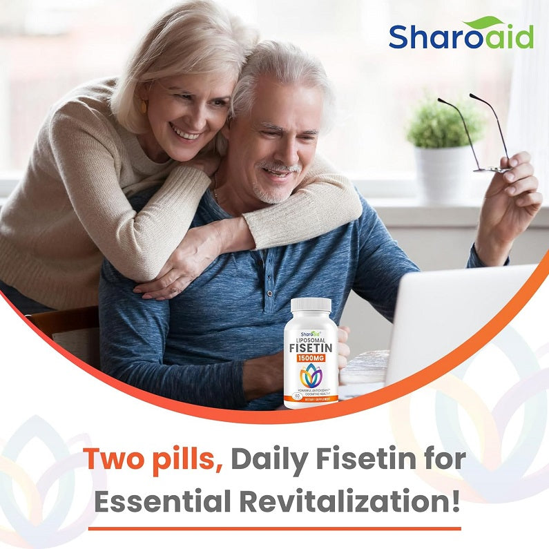 Liposomal Fisetin 1500mg supplement bottle beside older couple smiling