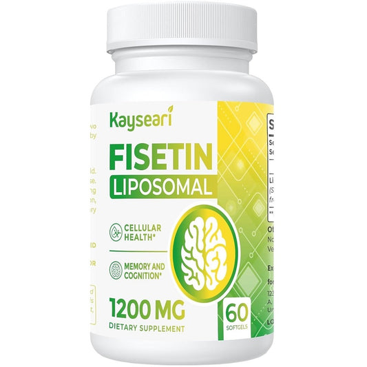 Liposomal Fisetin dietary supplement bottle, 1200 mg, 60 softgels