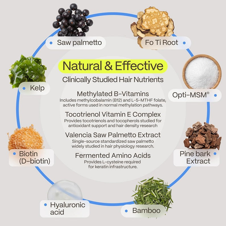Hair nutrient ingredient infographic: saw palmetto, fo ti root, Opti-MSM, hyaluronic acid