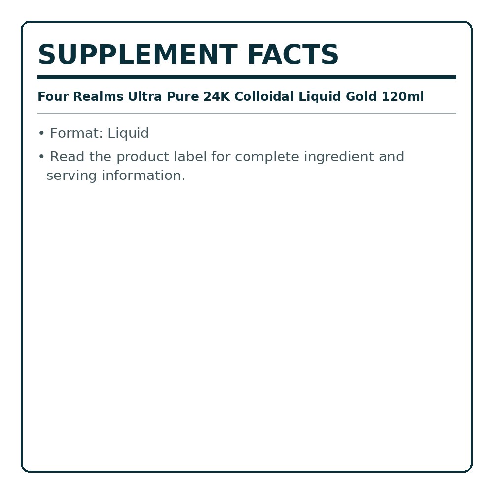 Supplement Facts label for Ultra Pure 24K colloidal liquid gold, 120ml
