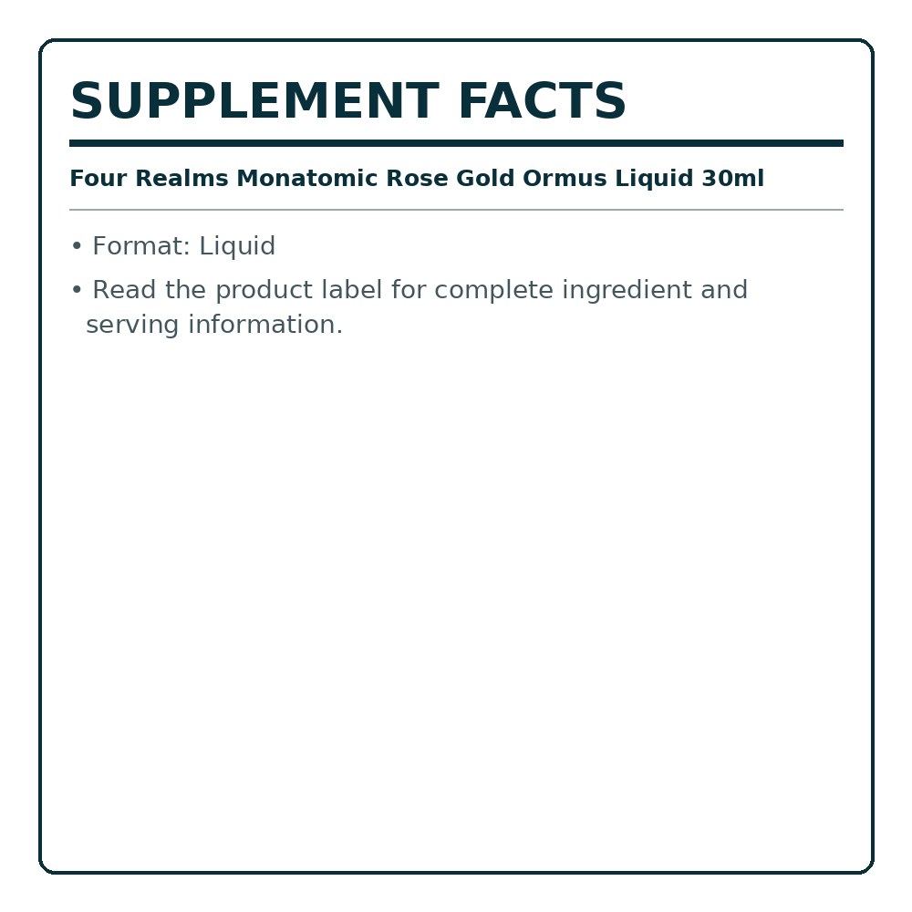 Four Realms monatomic liquid supplement facts label, 30 ml, format: liquid