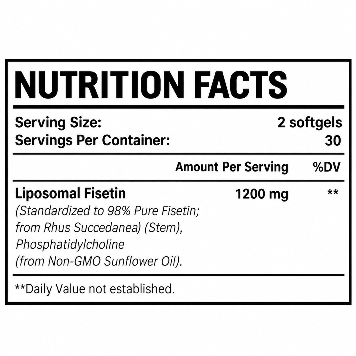 Supplement facts label showing liposomal Fisetin 1200 mg per serving