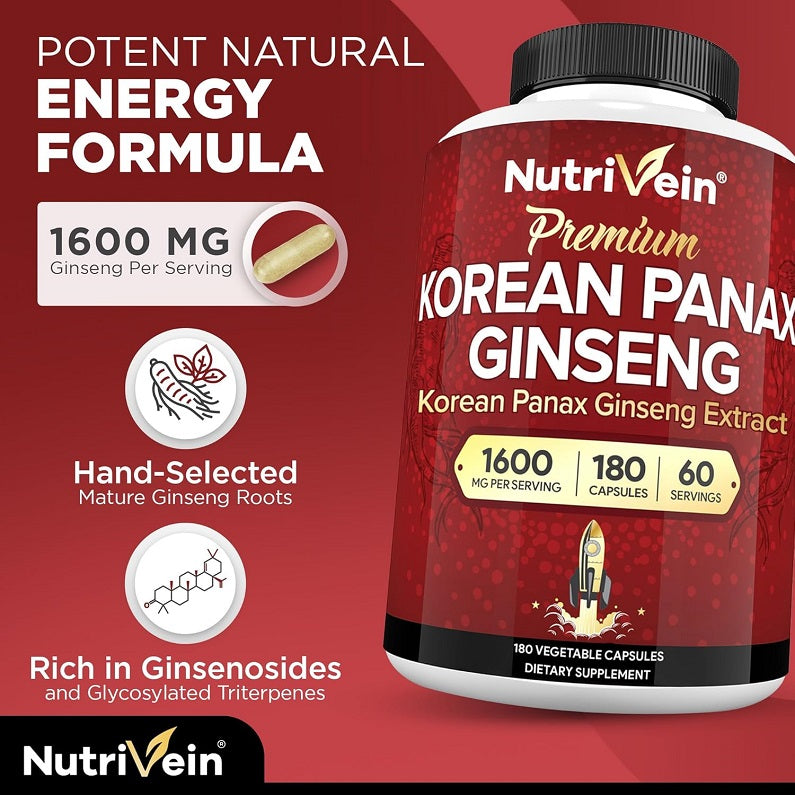 NutriVein ginseng extract supplement bottle showing 1600 mg per serving