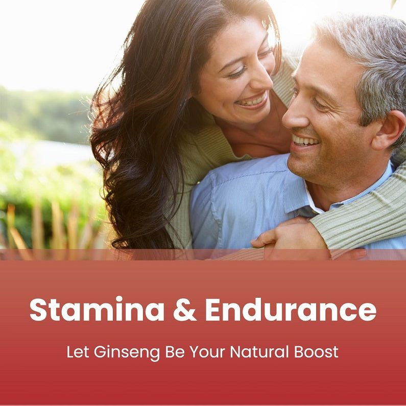 Stamina & endurance marketing panel with smiling couple and ginseng natural boost text