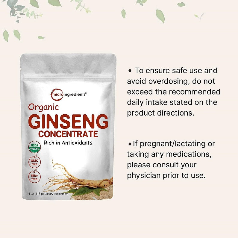 Organic ginseng powder concentrate pouch, 4 oz (113 g) with front branding
