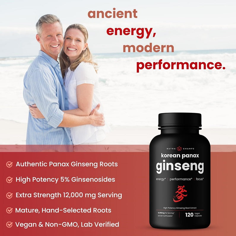 Ginseng supplement bottle with Korean panax front label, 120 capsules