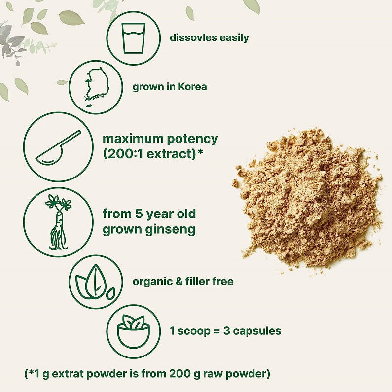 Organic ginseng powder concentrate, fine tan powder on display