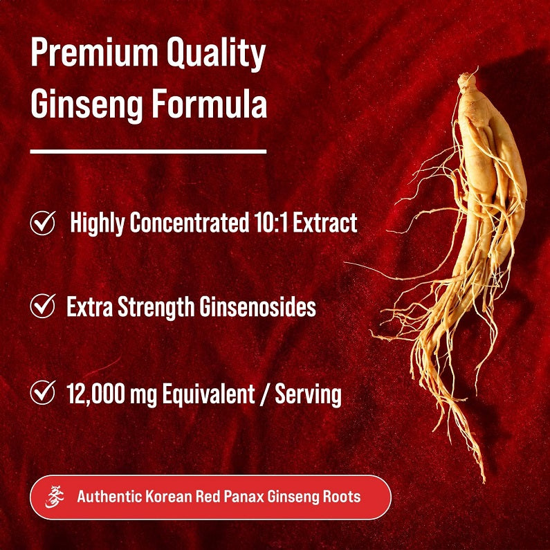 Red ginseng formula infographic with 10:1 extract, ginsenosides, 12,000 mg per serving