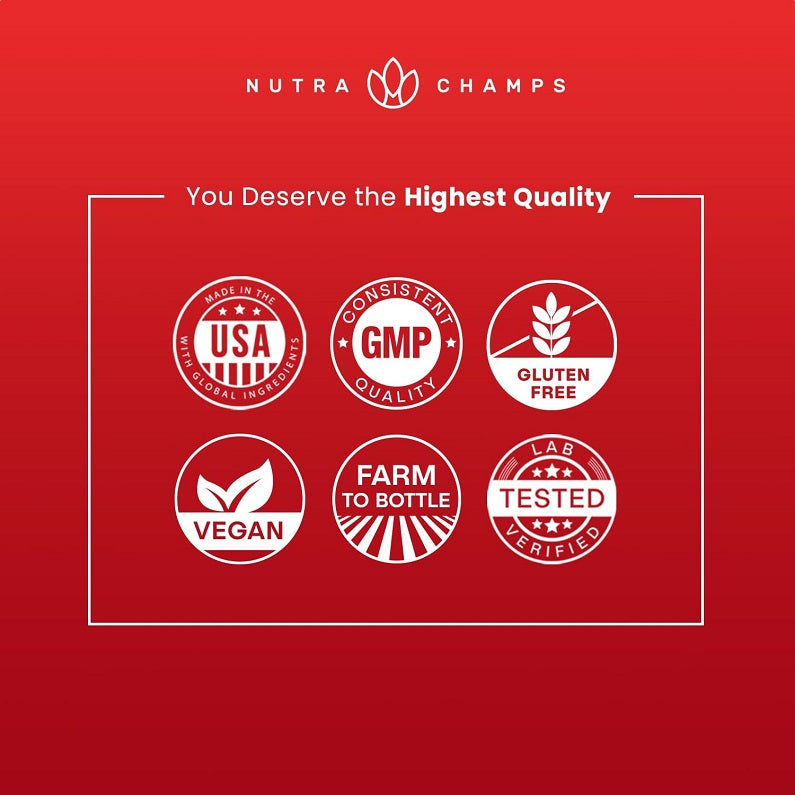 Red certification label panel with USA, GMP, gluten-free, vegan, lab-tested icons