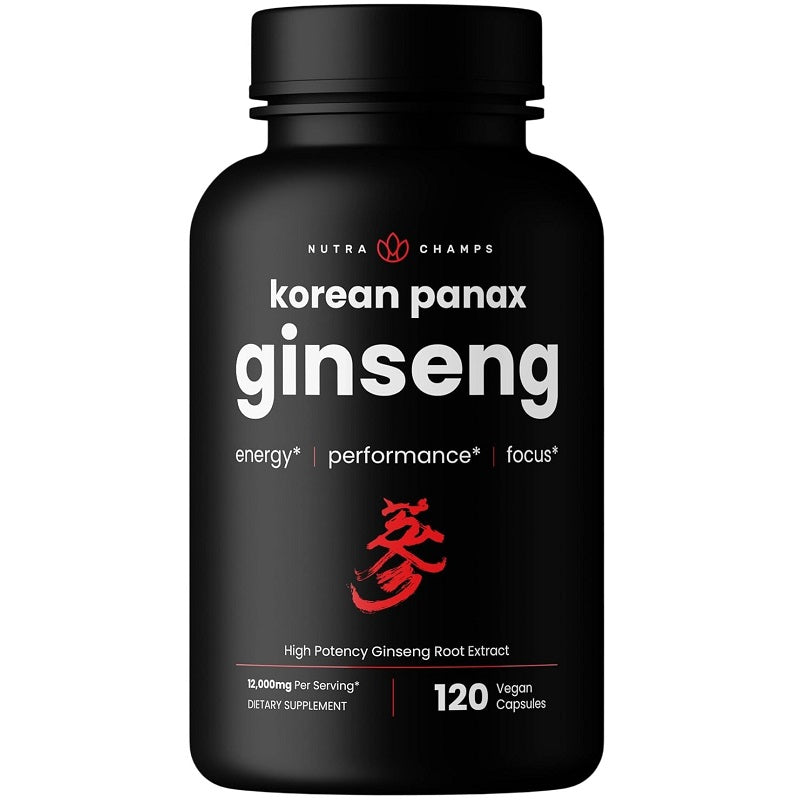 Black ginseng supplement bottle, Korean panax label, 120 capsules, dietary supplement