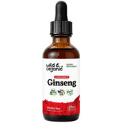 Amber ginseng liquid dropper bottle with black cap and front label for dietary supplement
