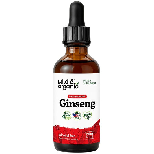 Amber ginseng liquid dropper bottle with black cap and front label for dietary supplement