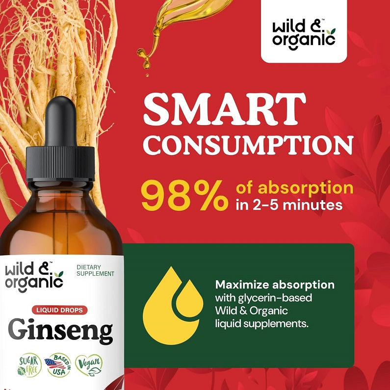 Amber ginseng liquid dropper bottle with black cap; packaging shows smart absorption claim