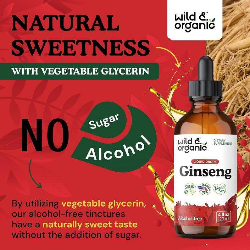 Amber alcohol-free ginseng liquid dropper bottle with black cap; red no sugar/no alcohol panel