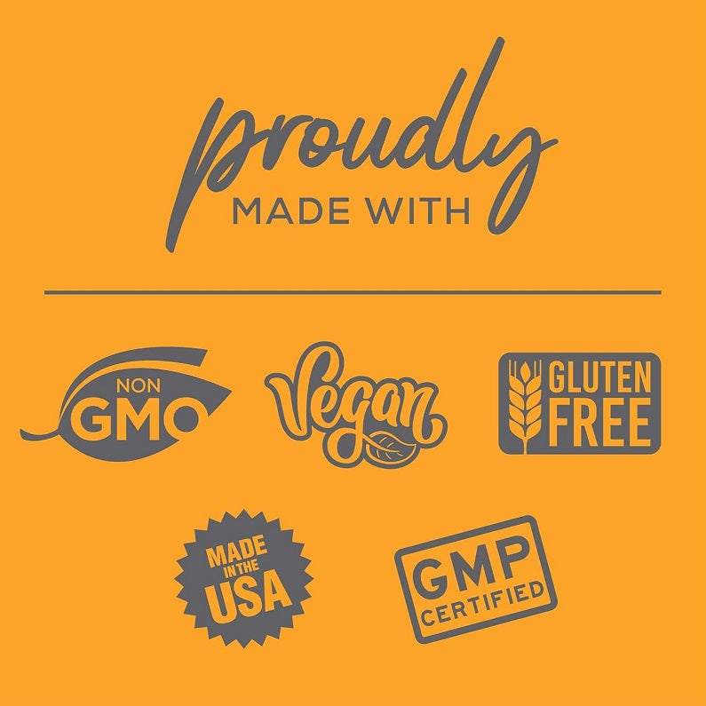 Supplement badges: Non-GMO, Vegan, Gluten Free, GMP certified, Made in USA