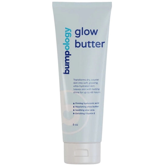 Bumpology glow butter body cream tube, light blue with pump, 8 oz