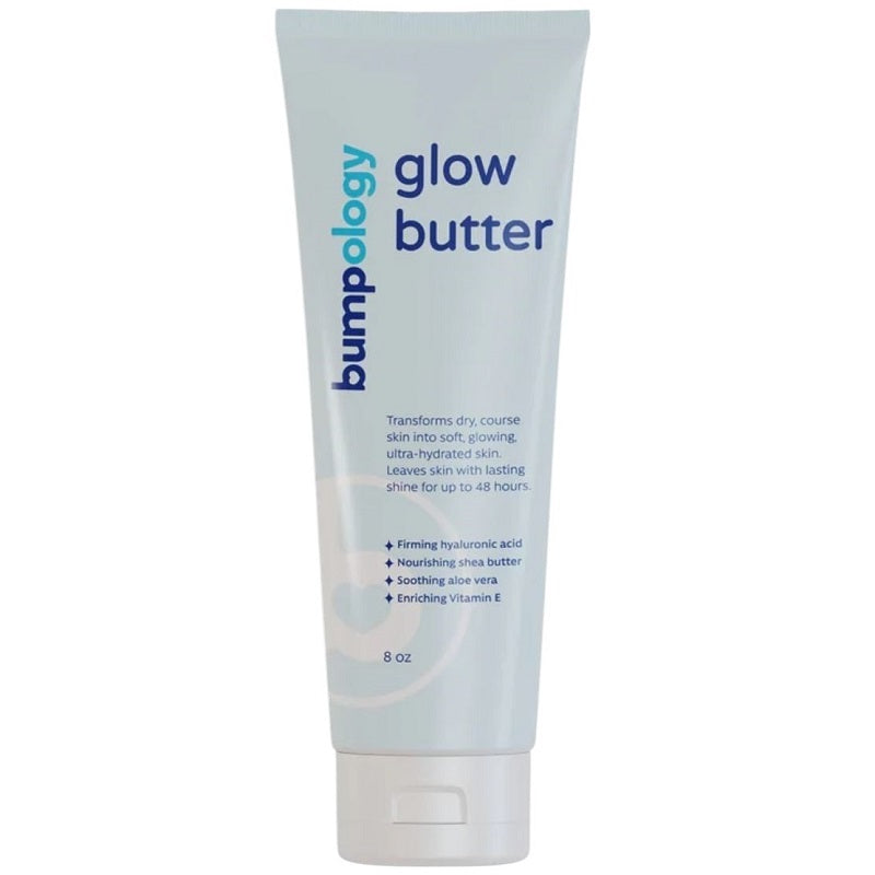 Bumpology glow butter body cream tube, light blue with pump, 8 oz