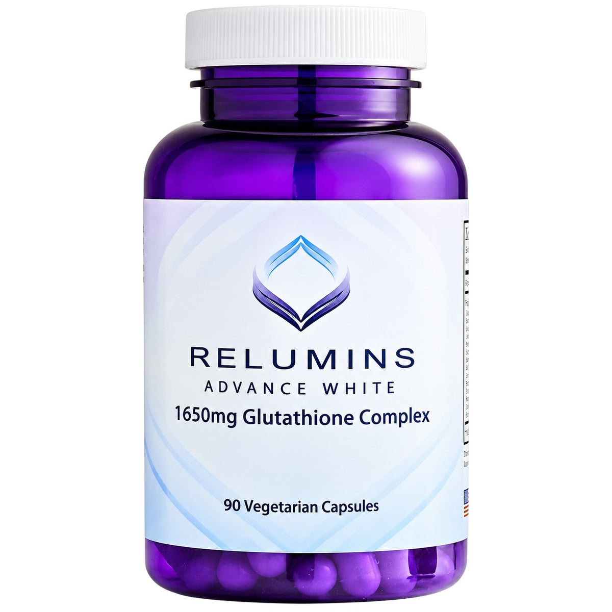 Glutathione complex dietary supplement bottle with white cap and purple capsules