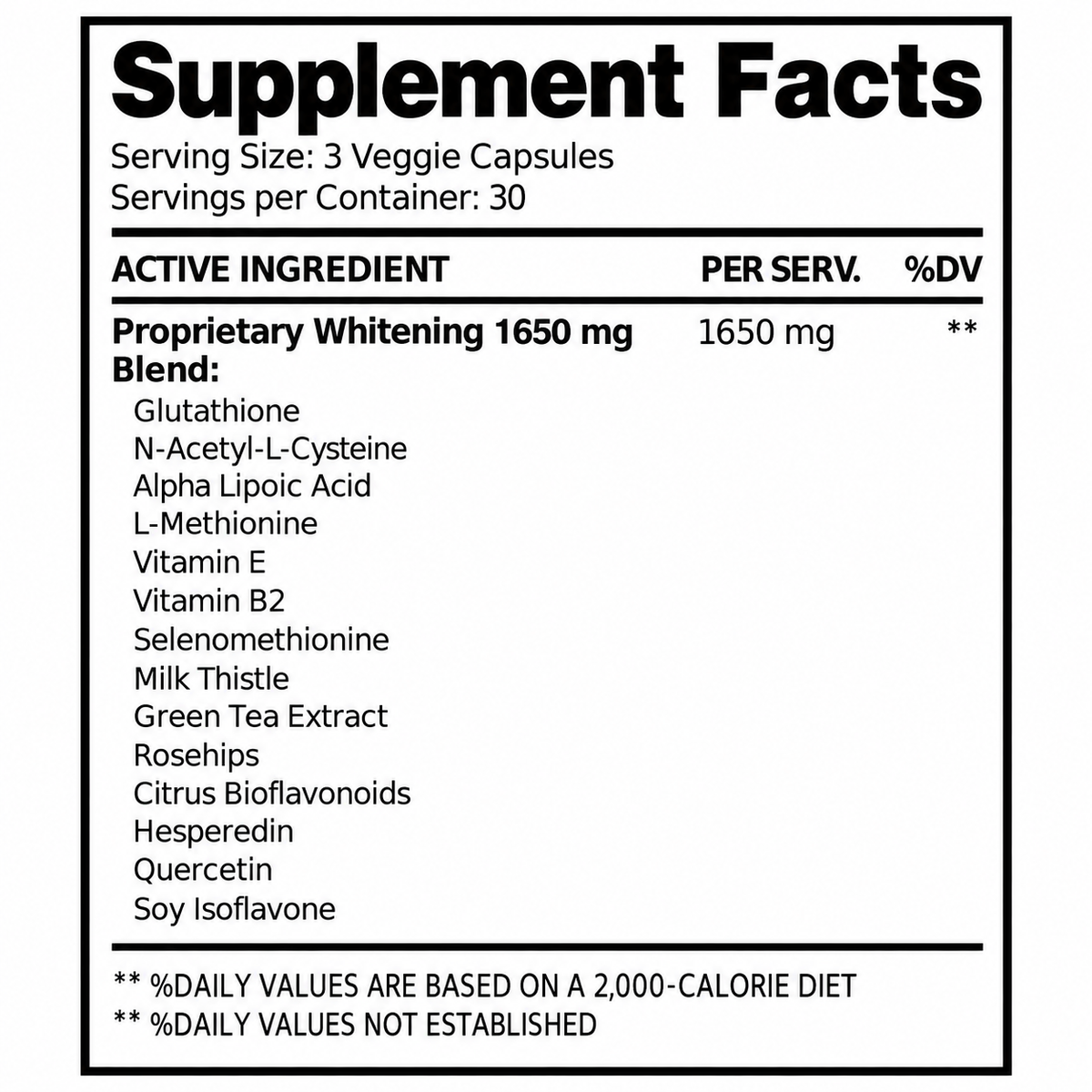 Supplement Facts panel showing 3 veggie capsules serving and whitening ingredient blend