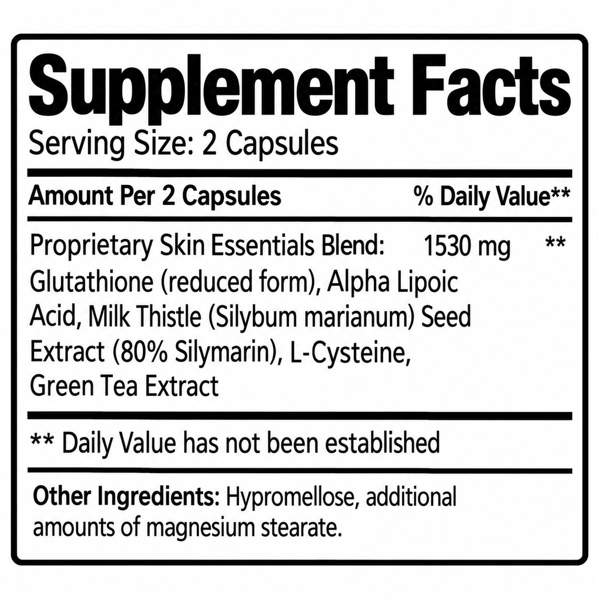 Supplement Facts panel: serving size 2 capsules, blend includes 1530 mg