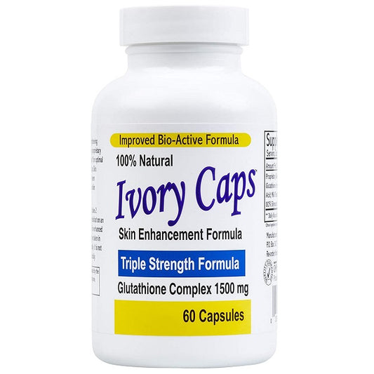 Glutathione supplement bottle with white cap and yellow label, 60 capsules