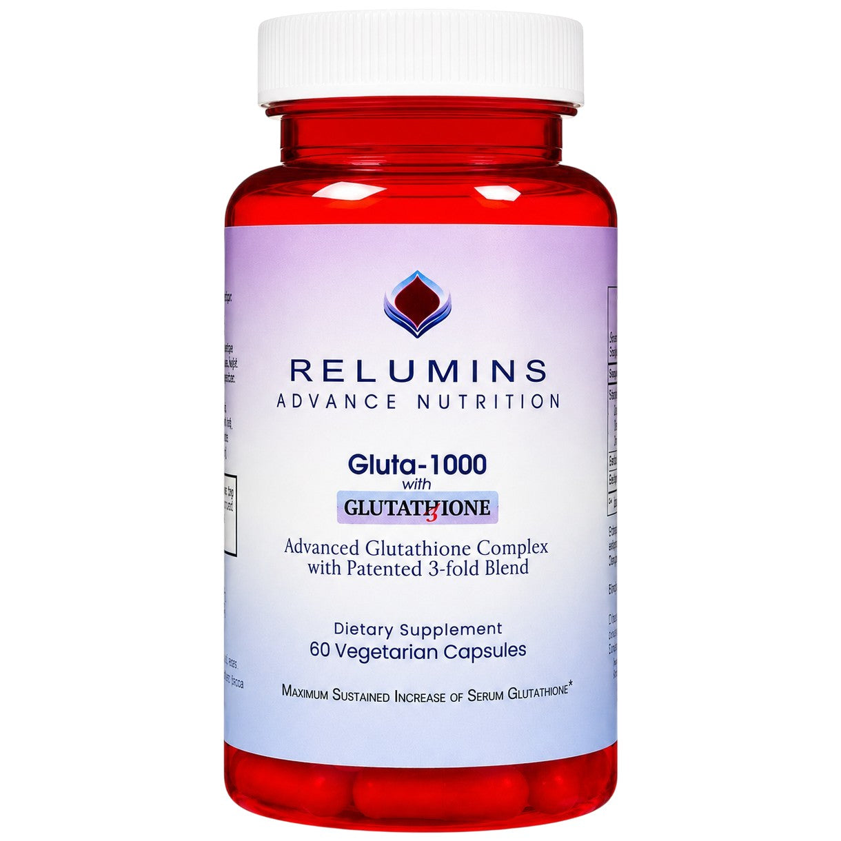 Gluta-1000 glutathione supplement bottle with red cap, 60 vegetarian capsules