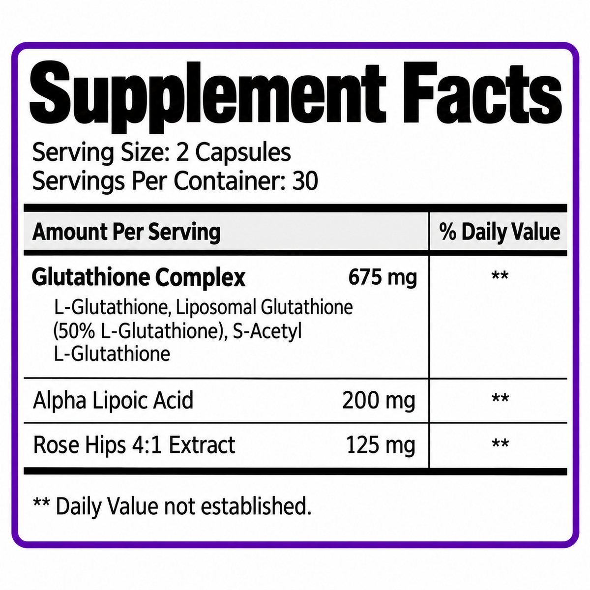 Supplement Facts panel for Gluta-1000 glutathione complex, serving size 2 capsules
