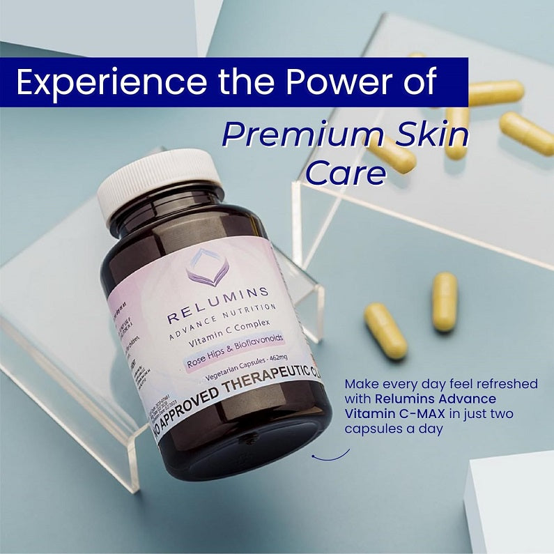 Relumins Vitamin C complex bottle with yellow capsules and Rose Hips label