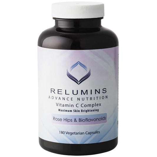Relumins Vitamin C complex supplement bottle, Rose Hips and bioflavonoids