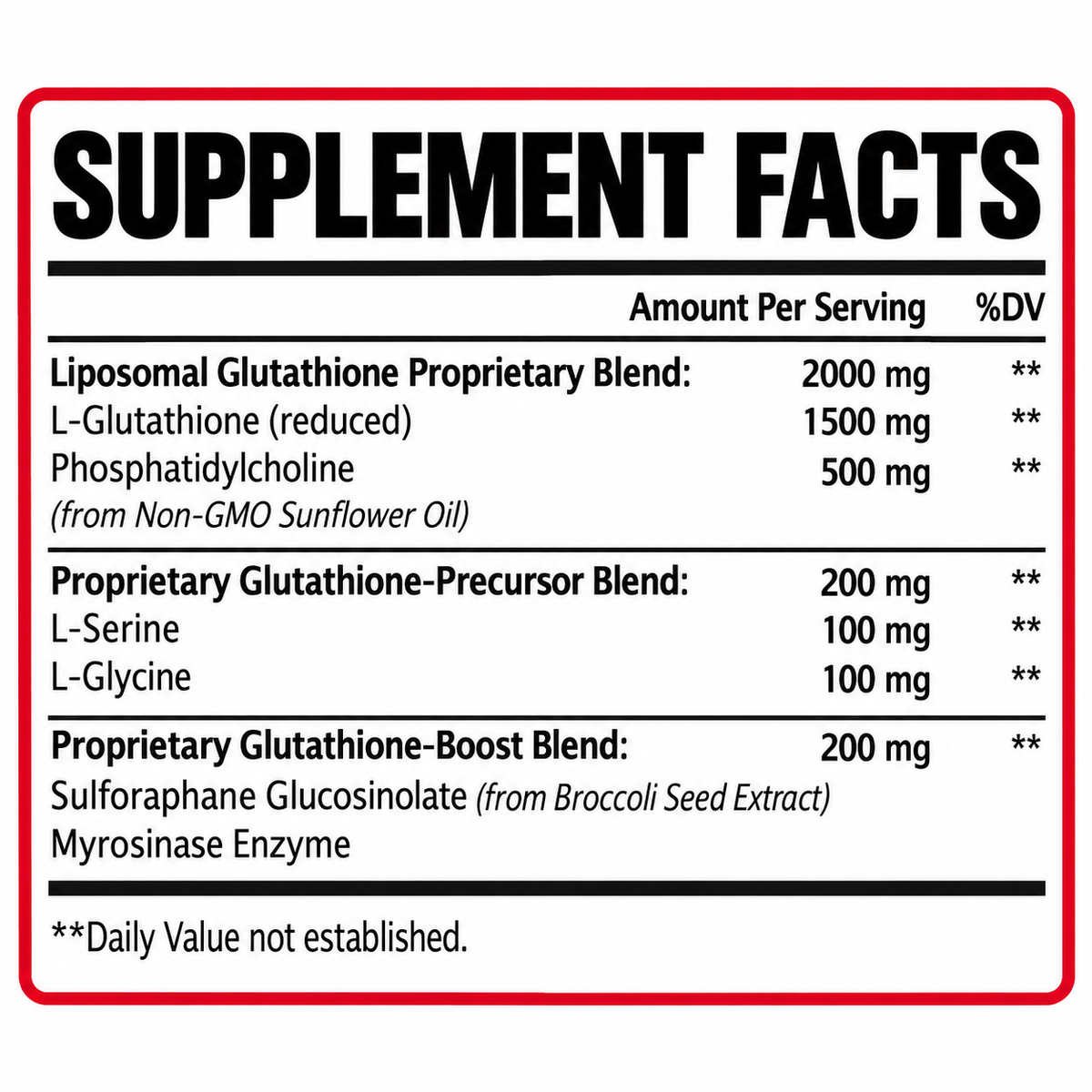Supplement Facts label with 2000 mg liposomal glutathione and ingredient blends