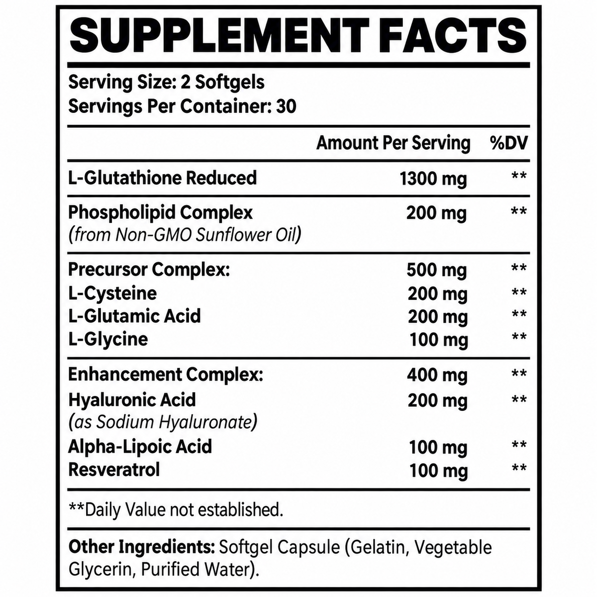 Supplement Facts panel for glutathione softgels with serving size and ingredients